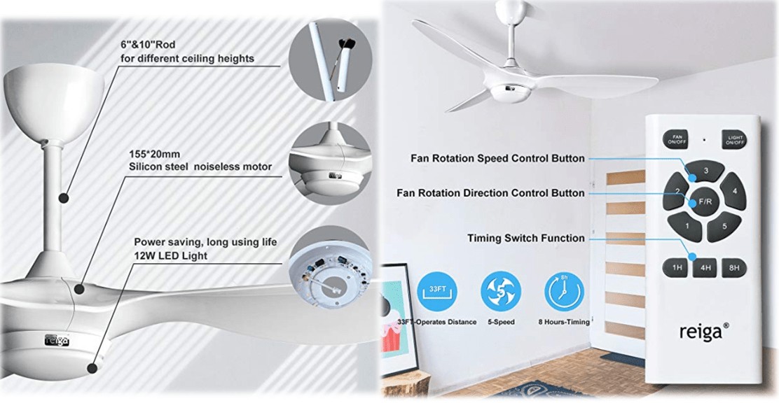 Reiga Super Quiet Ceiling Fan With Light And Remote
